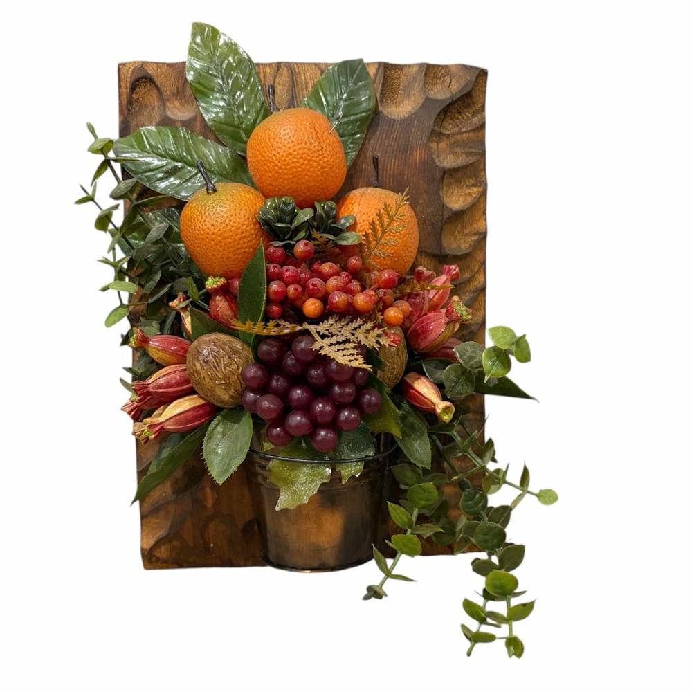 Vintage 70’s Wood Plaque Wall Hanging Plastic Fruit Kim Originals‎ Hong Kong MCM